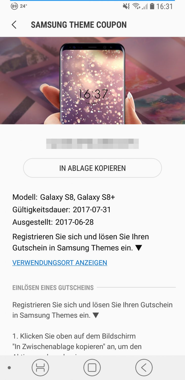 Samsung Galaxy S8 5EuroGutschein für PremiumThemes über MembersApp